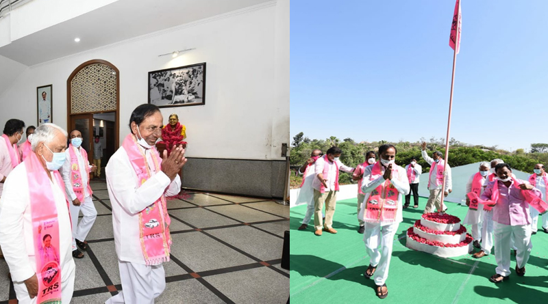 KCR with TRS party flag hoisted