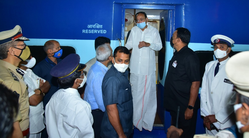 Vice President Venkaiah Naidu on a special train from Nuzvid to Visakhapatnam on Wednesday morning