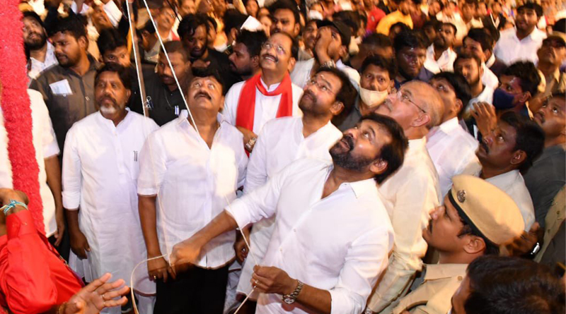Chiranjeevi, Kishan Reddy, Telangana and Andhra ministers Talasani, Srinivas Goud, Srinivasa Venu Gopal Reddy and others at the May Day celebrations of film workers