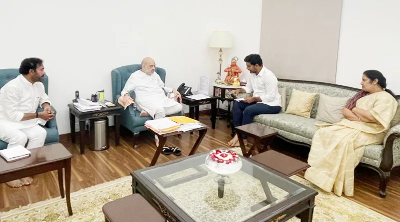 Nara Lokesh met Union Home Minister Amit Shah in New Delhi on Wednesday night. Daggubati Purandhareswari and Kishan Reddy are in the photo